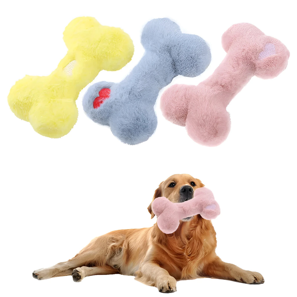 Soft plush dog toy shaped like a bone with a love heart design, in blue colour with a squeaker.