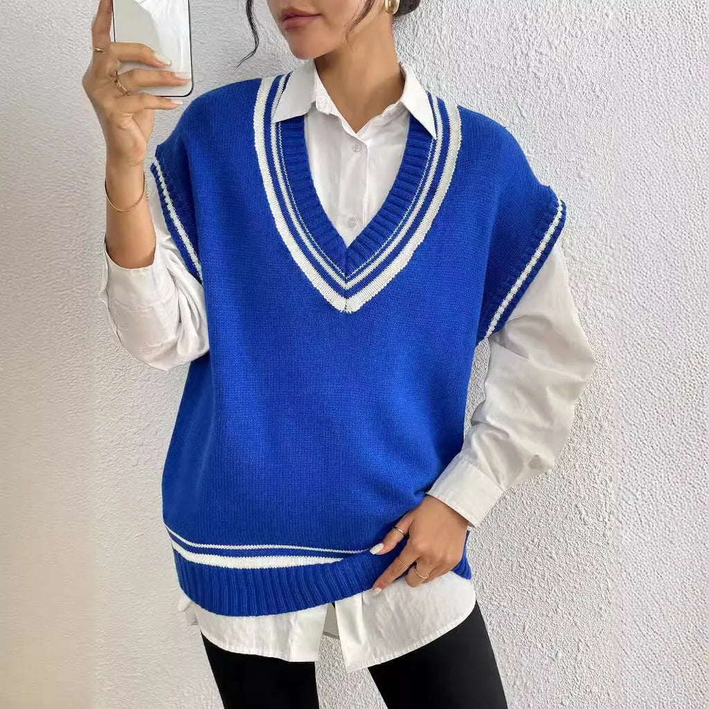 Women's loose fit college style acrylic pullover vest sweater in blue, coffee, or black colours