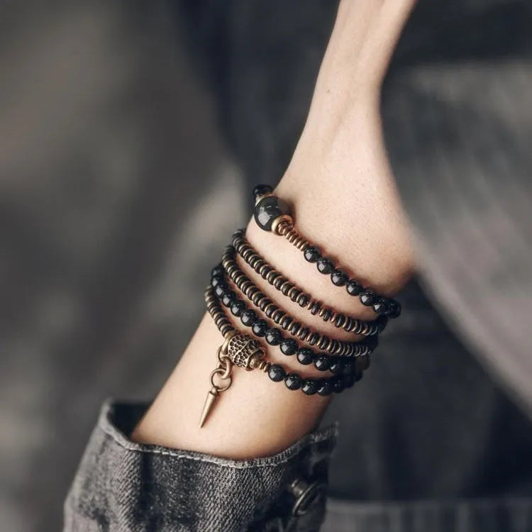 Black geometric beaded bracelet with layered design and natural style jewellery