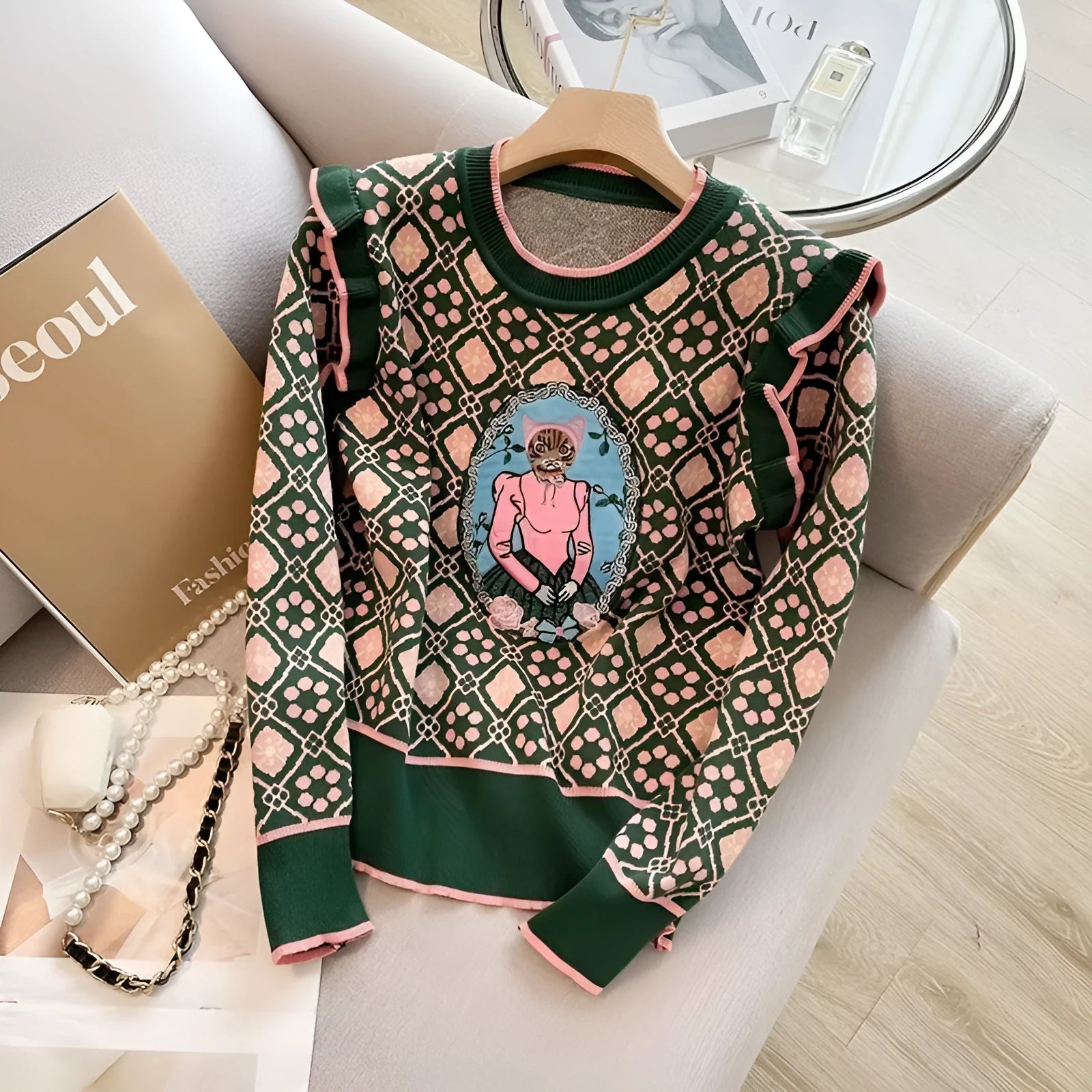 Green women's loose fit printed sweater with regular sleeves on a model.