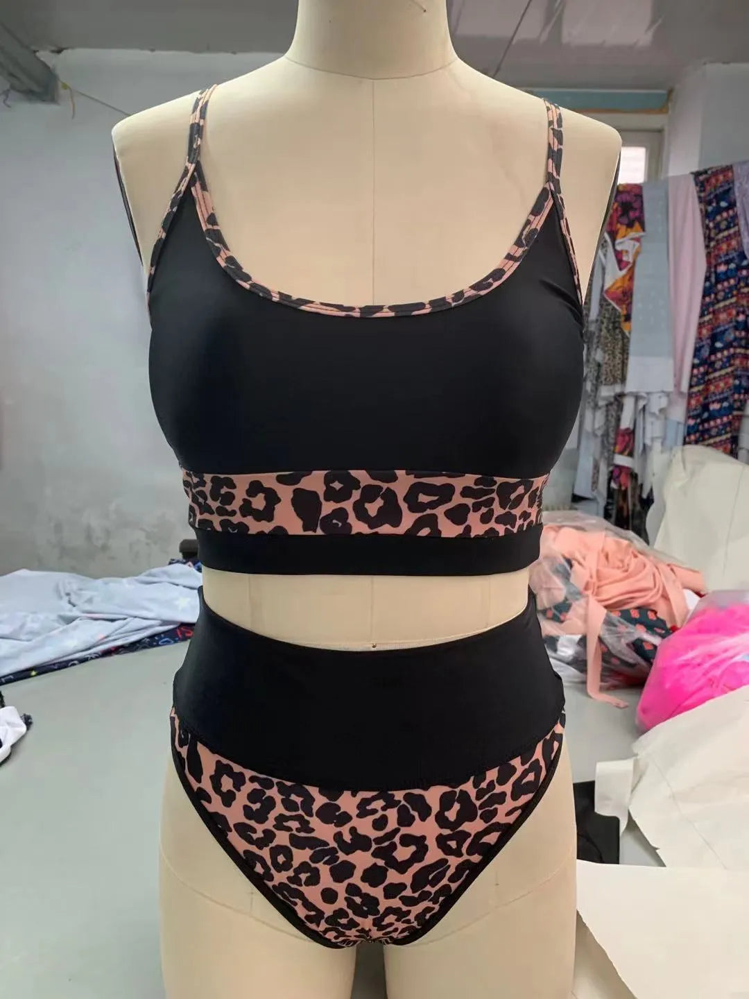 Women's high waist split bikini swimsuit in leopard print or white colours with nylon fabric