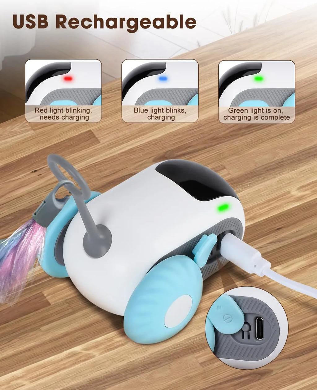 Blue smart cat toy car with feather teaser attachment and remote control unit on floor