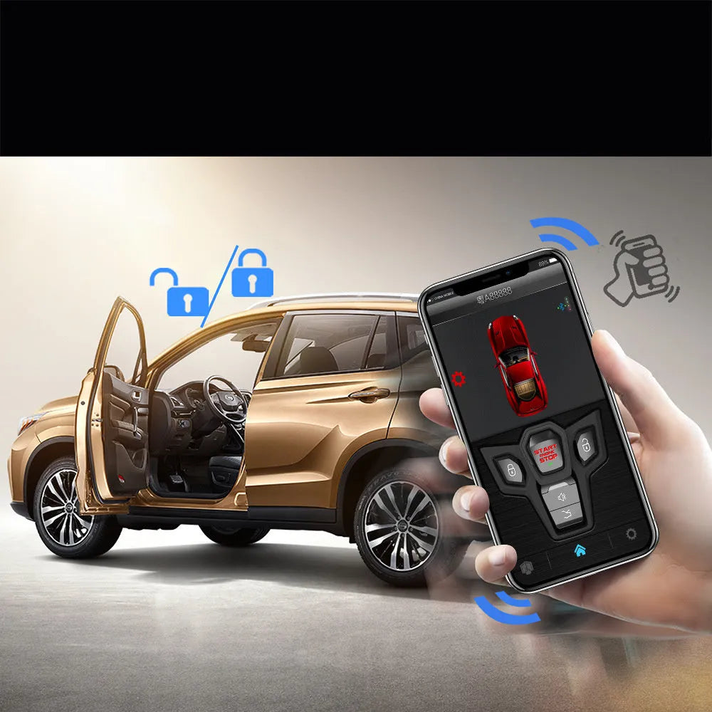 Red and black one-way remote control car alarm system with two remotes displayed.