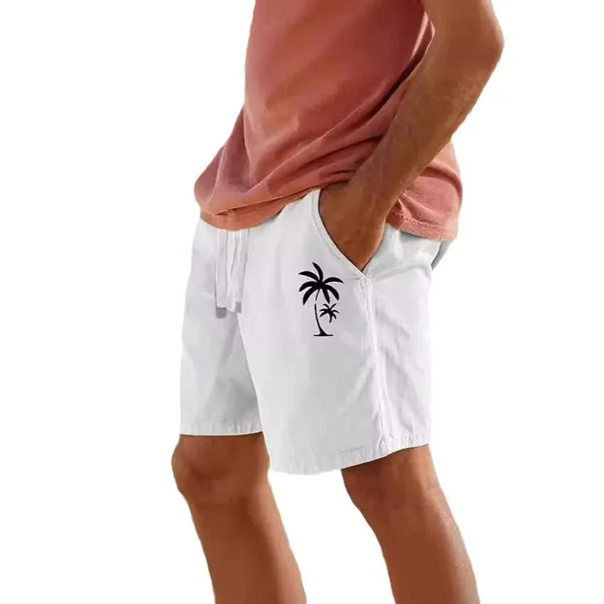 Men's cotton blend beach shorts with heat transfer patch detail and drawstring waist