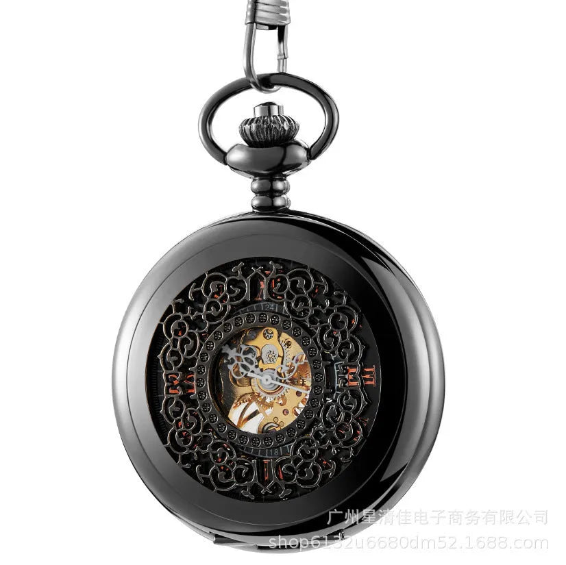 Retro hollow floral print automatic mechanical pocket watch with transparent case back showing movement