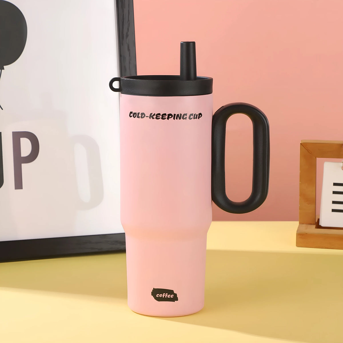 Large portable straw cup with carrying handle in multiple colour options