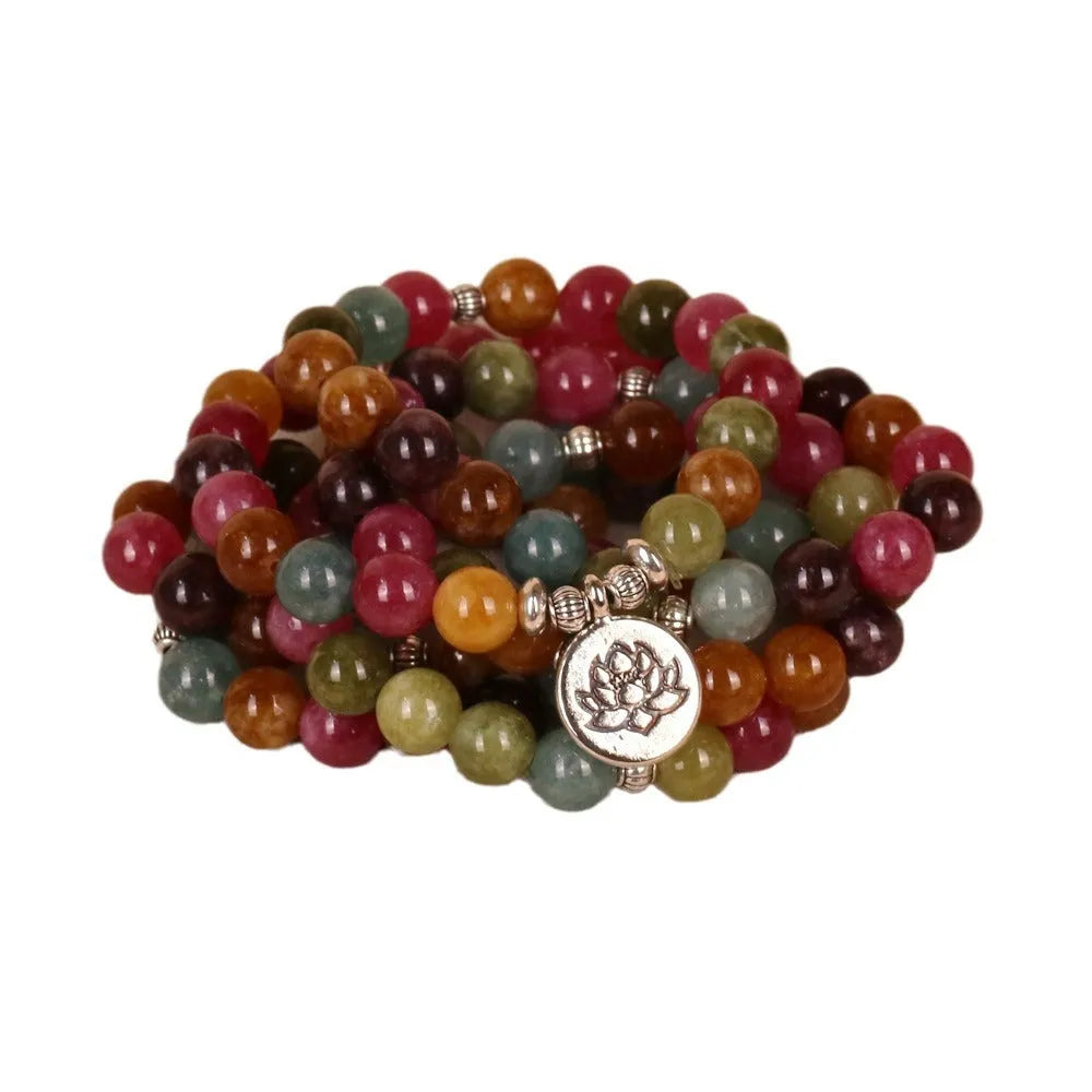 108-bead multi-layer bracelet with lotus hanging element in tourmaline colour alloy construction