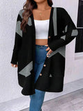 Black plus size knitwear cardigan with button stitching and printing design