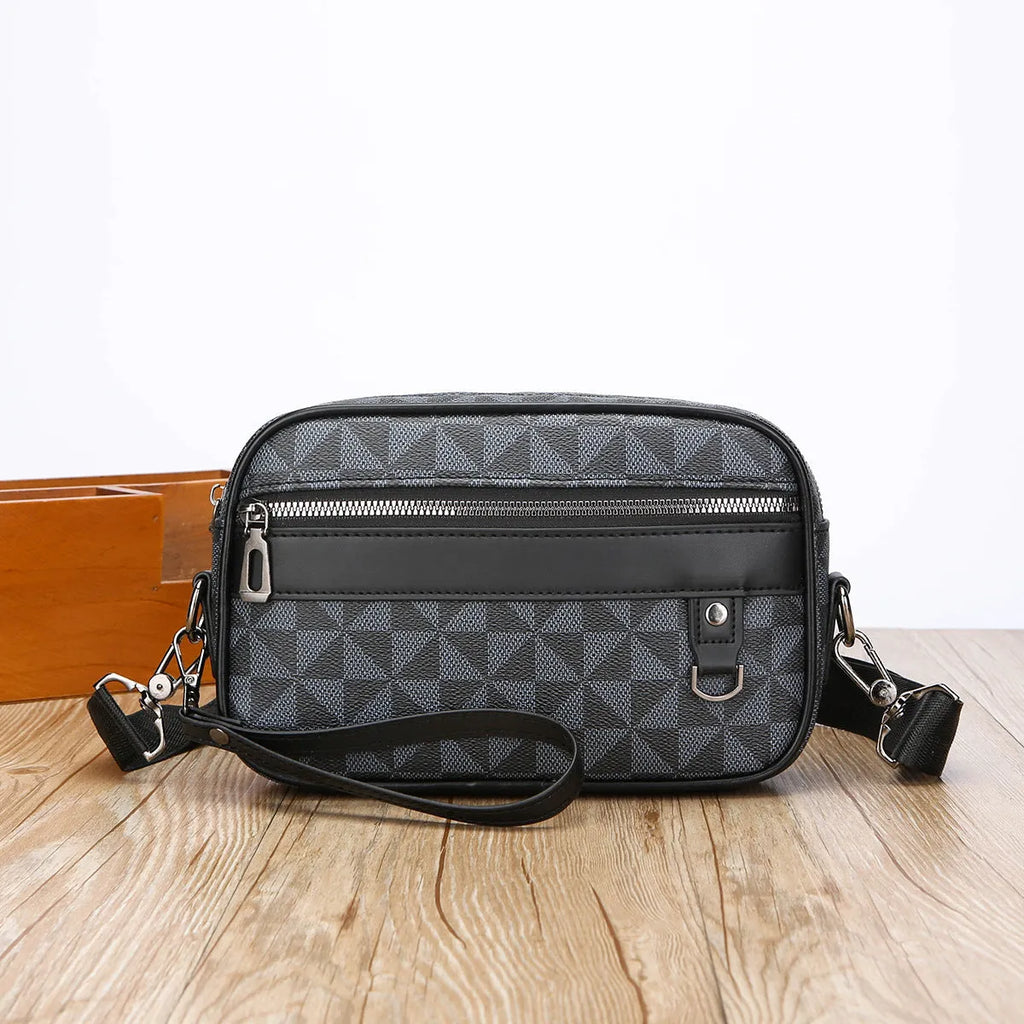 Men's black geometric pattern PU leather messenger bag with horizontal design and large capacity
