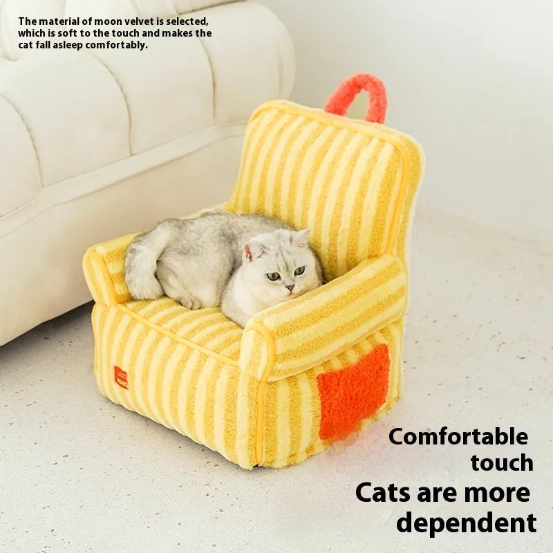 Striped pet bed with soft velvet removable cover in orange, purple or yellow colours for dogs and cats