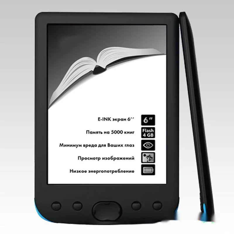 Black 6-inch E-ink screen e-book reader held in a hand, showing a page of text.