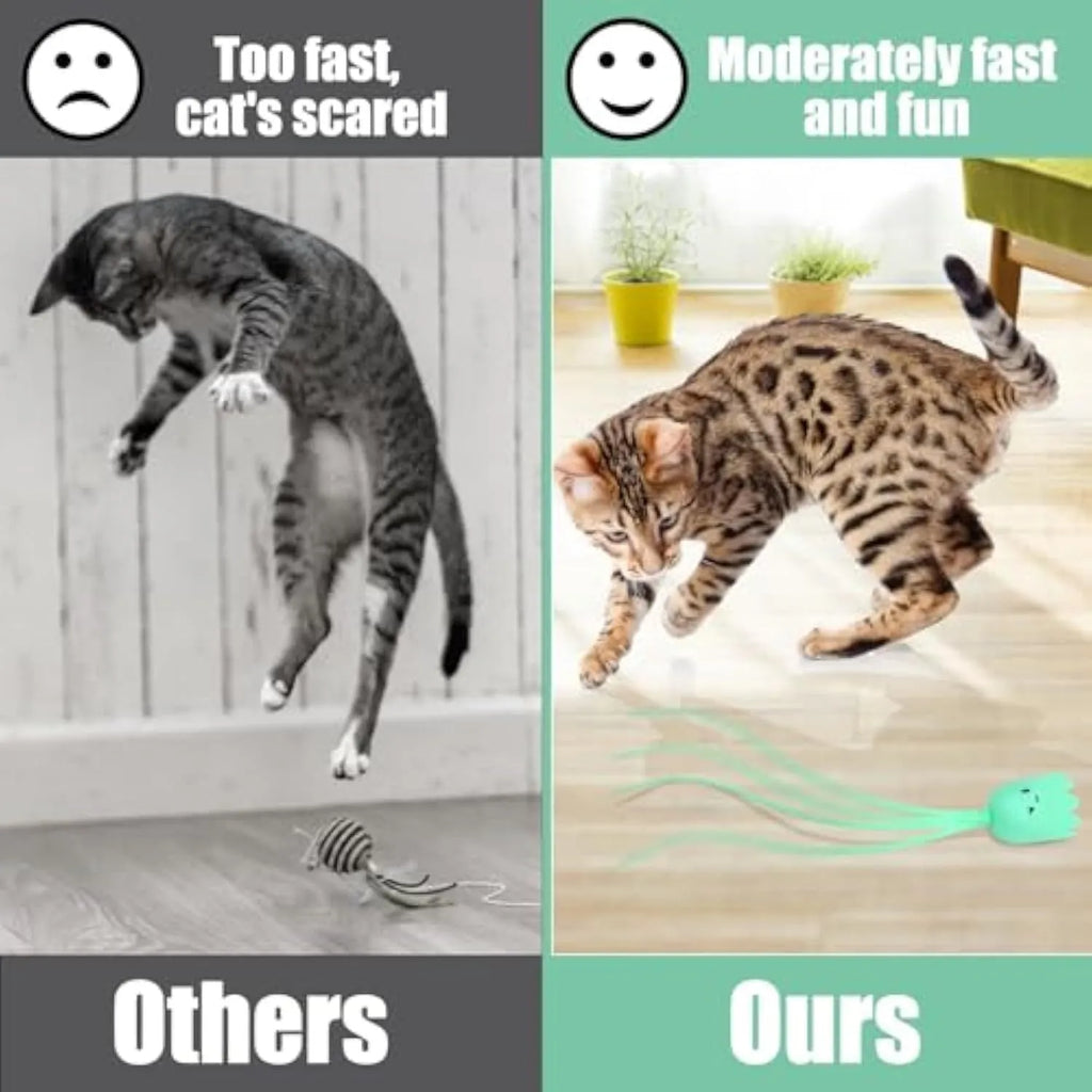 Green automatic cat wand toy with a swinging silicone tail on a white background.