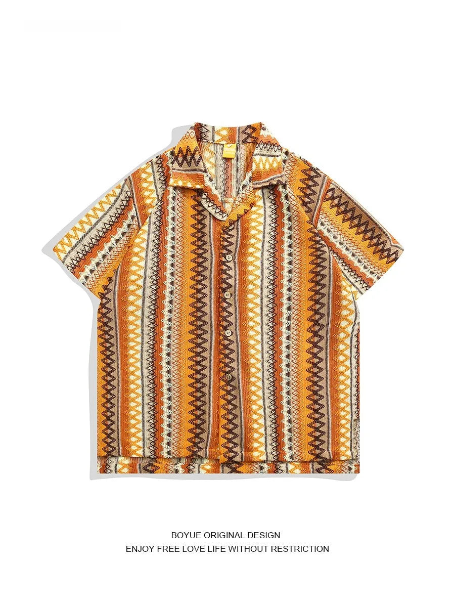 Ethnic style woven Cuban collar shirt with contrast colours and drop-shoulder sleeves