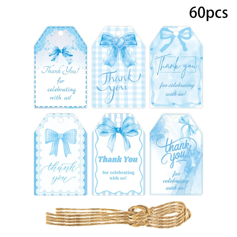 Birthday party gift tags with bowknot designs and hemp rope ties in three style variations