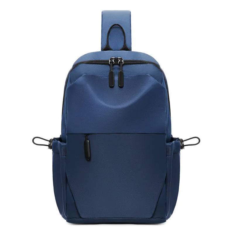 Men's grey waterproof chest bag showing dimensions and polyester lining interior