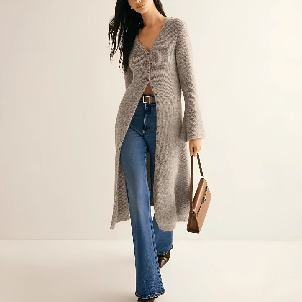 Khaki coloured French-style retro cardigan coat with button front and long sleeves.