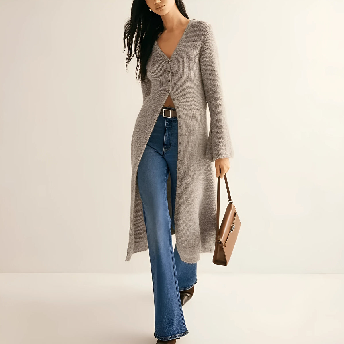 Khaki coloured French-style retro cardigan coat with button front and long sleeves.