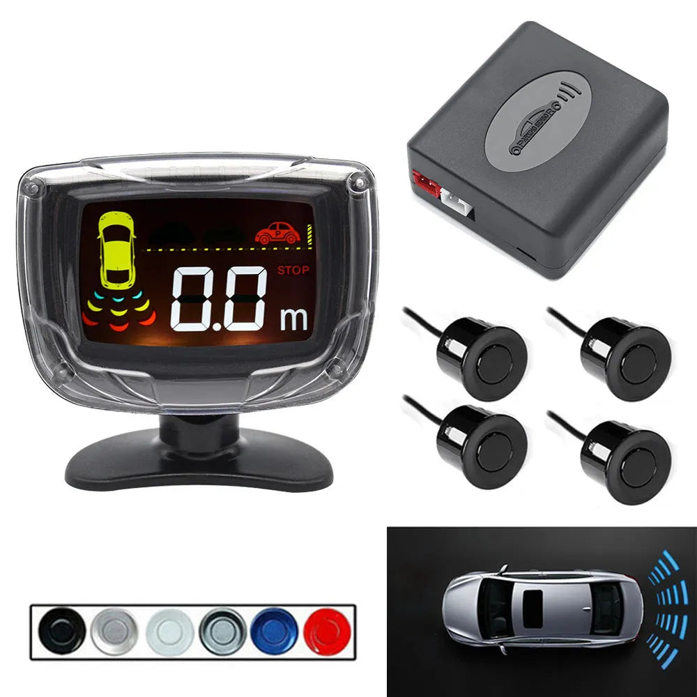 Wireless vehicle reversing sensor kit with digital display unit, four ultrasonic probes, and installation tools.