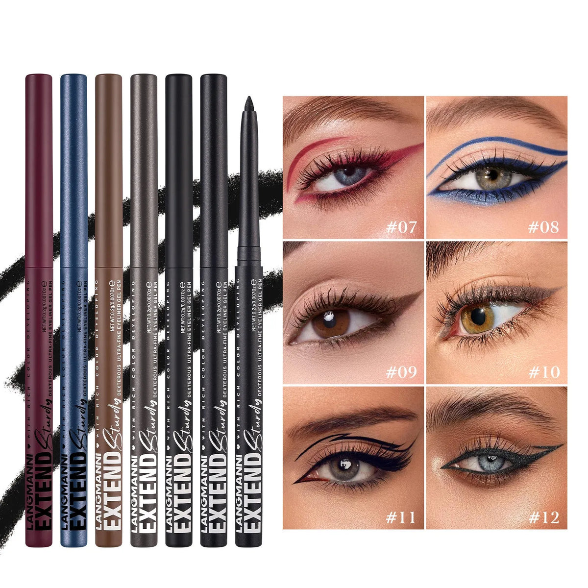 Set of 12 colourful gel glitter eyeliner pencils with various finishes for multifunctional makeup use
