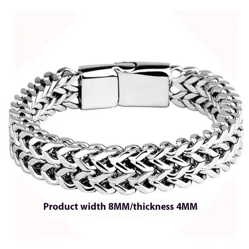 Silver stainless steel geometric hip hop bracelet showing front and back matching design