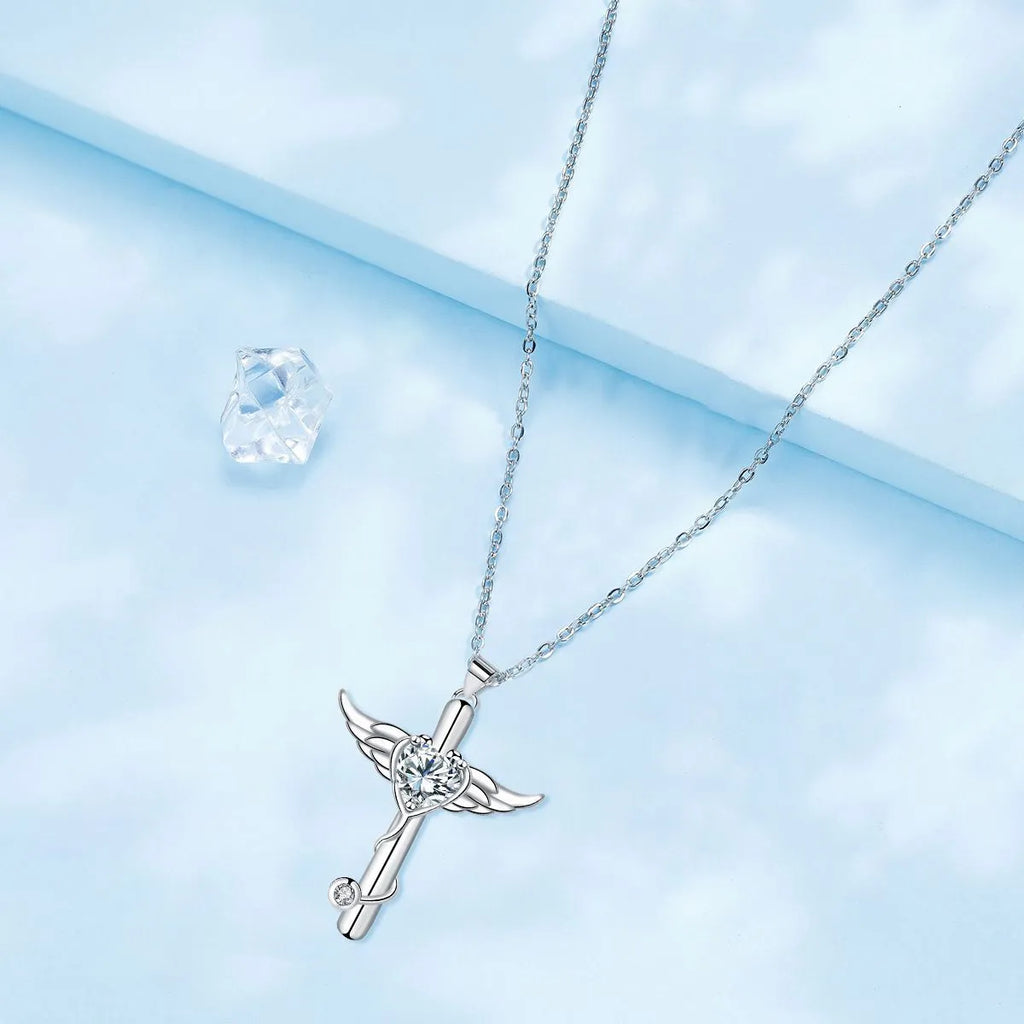 Copper cross stethoscope necklace with wings pendant in white or red diamond electroplated finish