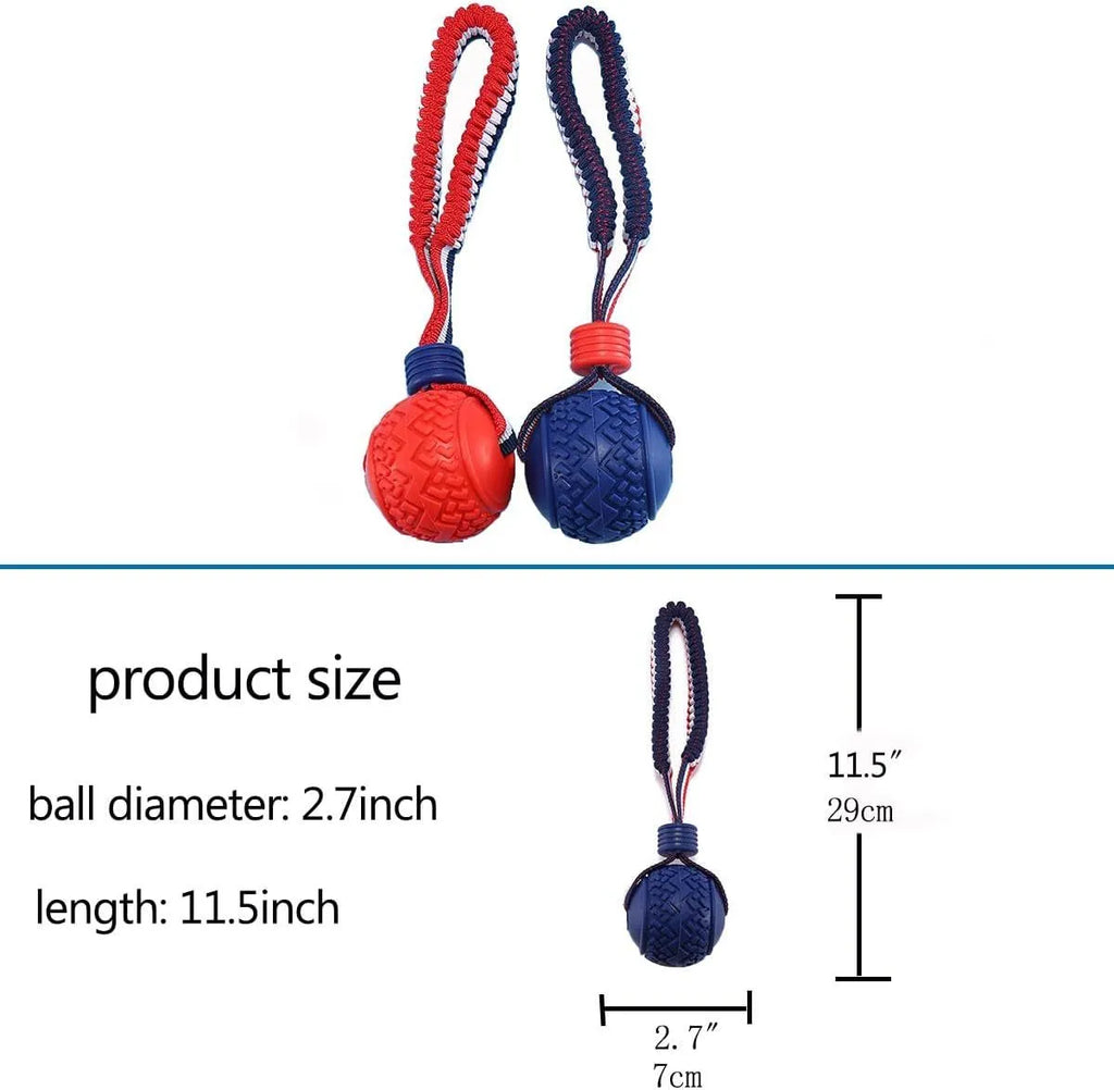 Blue dog ball with rope toy showing natural rubber ball and rope handle for medium and small dogs