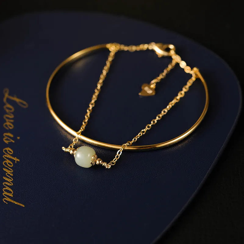Hetian jade women's bracelet with gold inlay and lucky beads, shown in single, double, and three-bead versions.