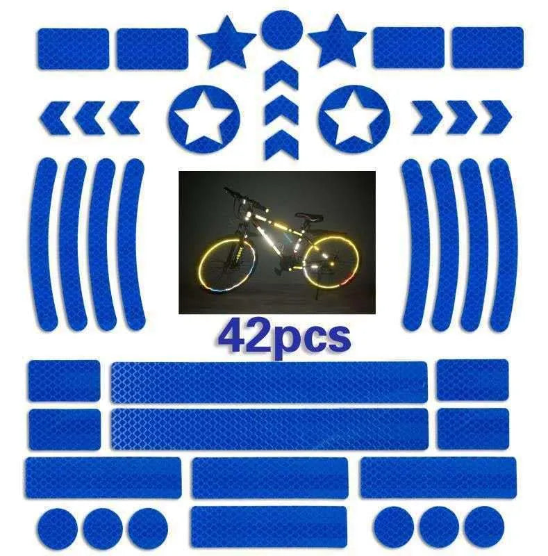 Geometric grid pattern reflective tape for bicycles in blue, yellow, red, and white colours.