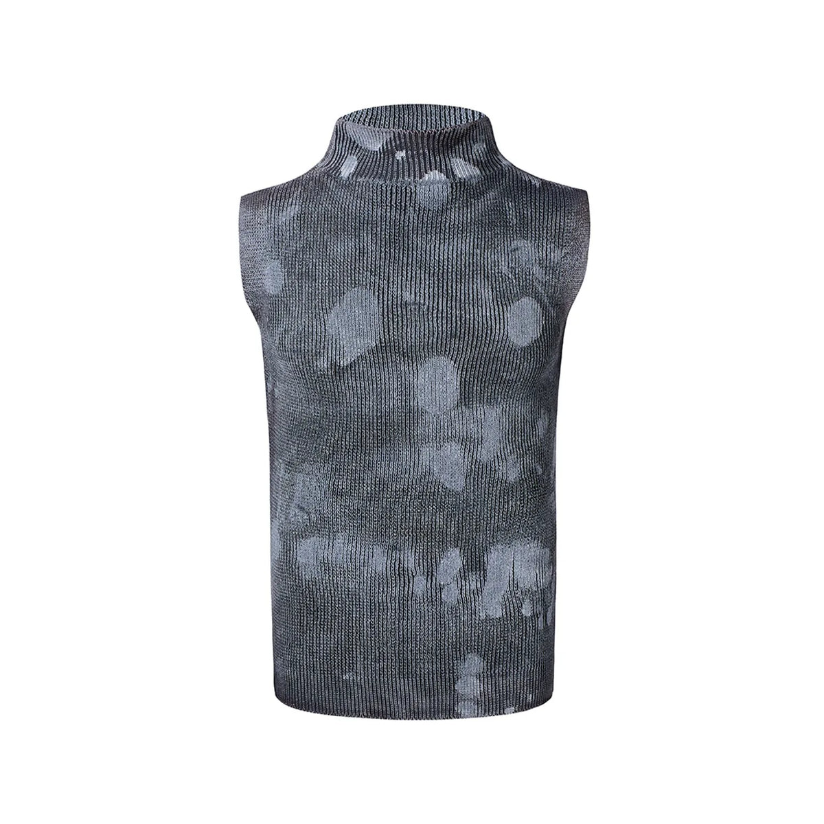 Black silver pastebrushing men's sleeveless t-shirt with a stand collar on a hanger.