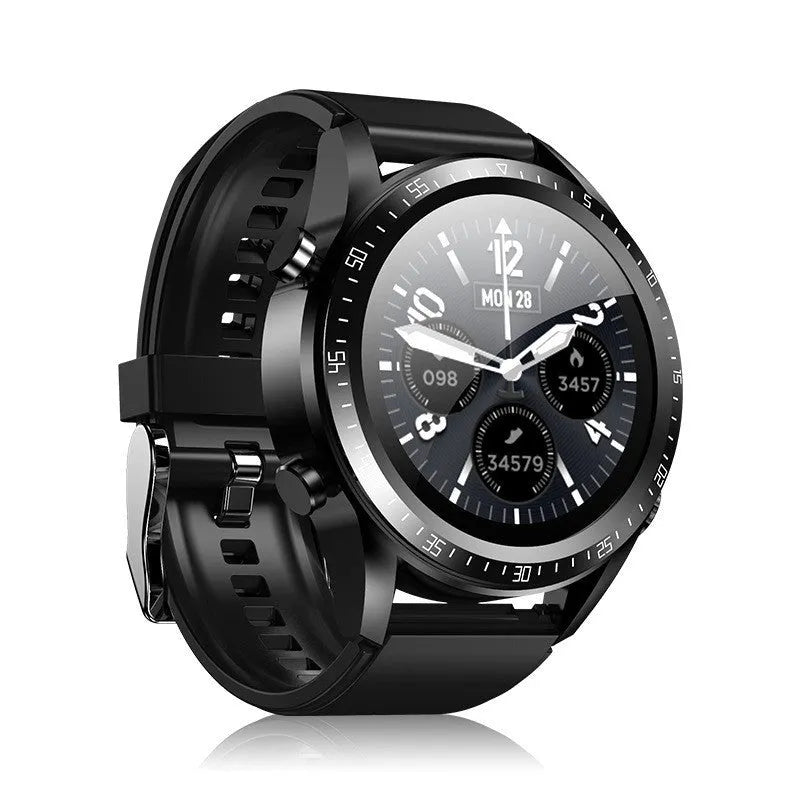 Black smart watch with blood pressure monitoring on a silicone strap, showing its 1.28-inch screen.