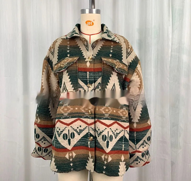 Women's loose fit retro jacket with Aztec print in woolen fabric, shown in army green.