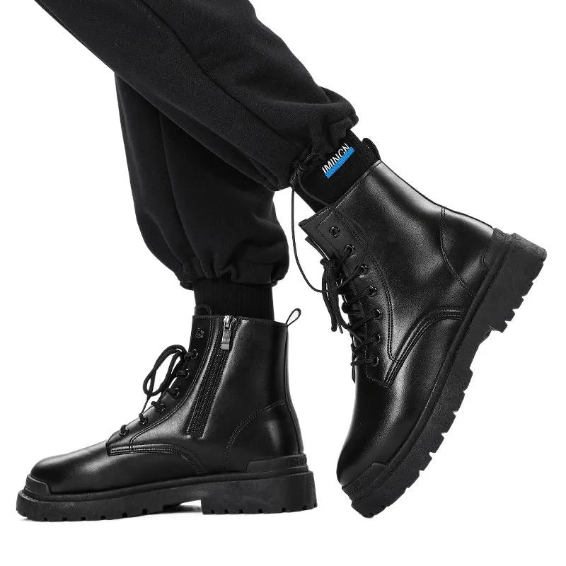 Men's black leather mid-top ankle boots with rubber soles showing waterproof British tide style