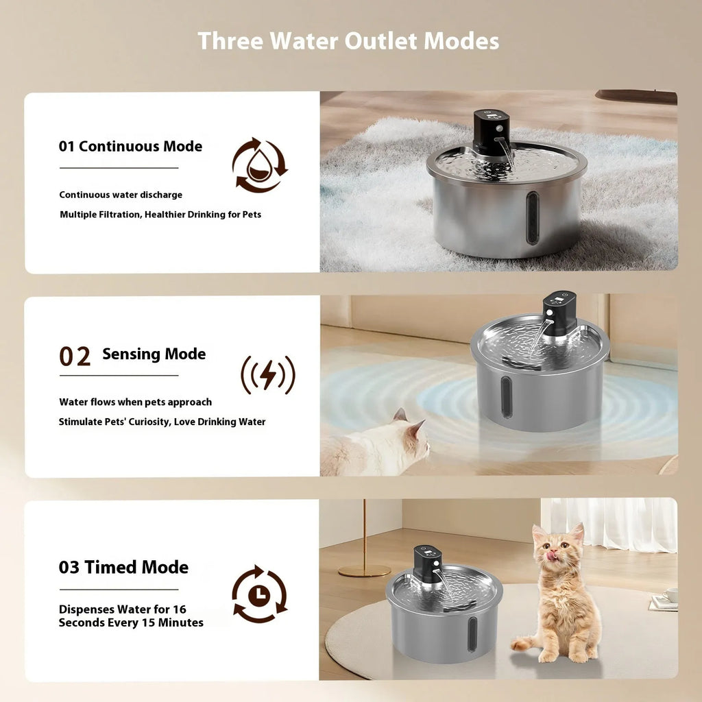 Stainless steel heated pet water fountain for cats and dogs on a white base with control buttons