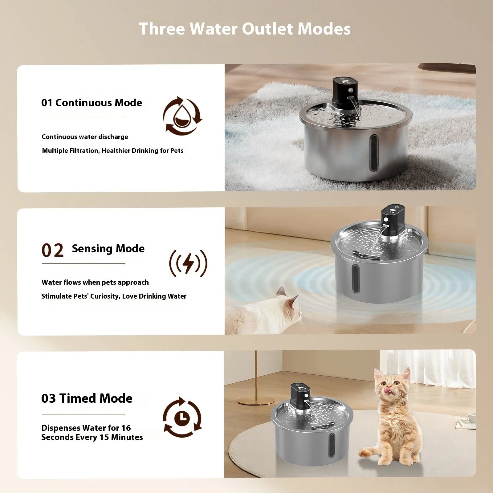 Stainless steel heated pet water fountain for cats and dogs on a white base with control buttons