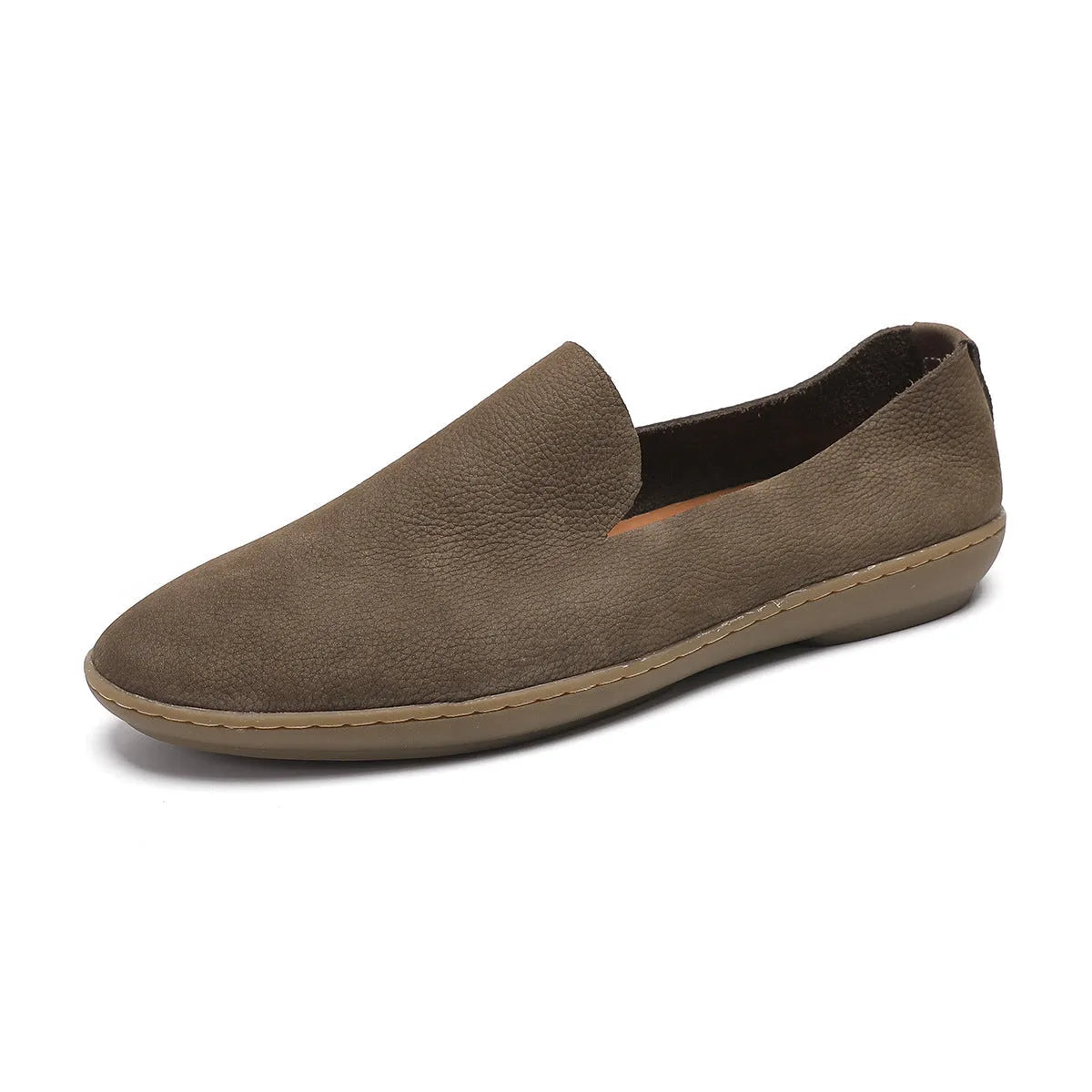 Handmade men's casual shoes in khaki and grey colours with cowhide leather construction and flat wedge heel