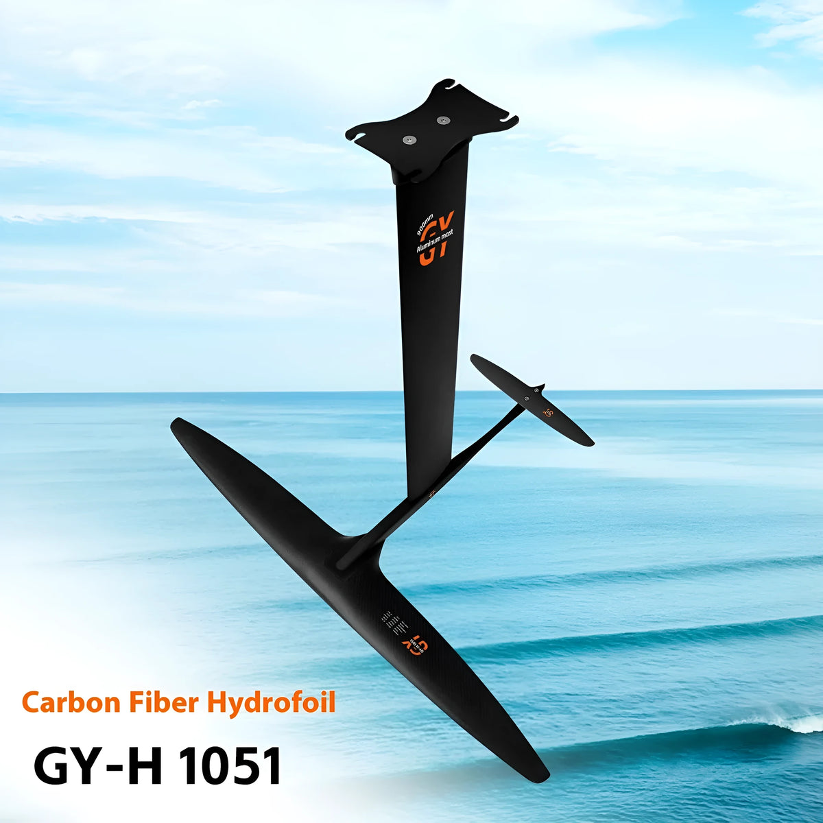 Black aluminium alloy and carbon fibre unpowered hydrofoil surfboard with large front wing.