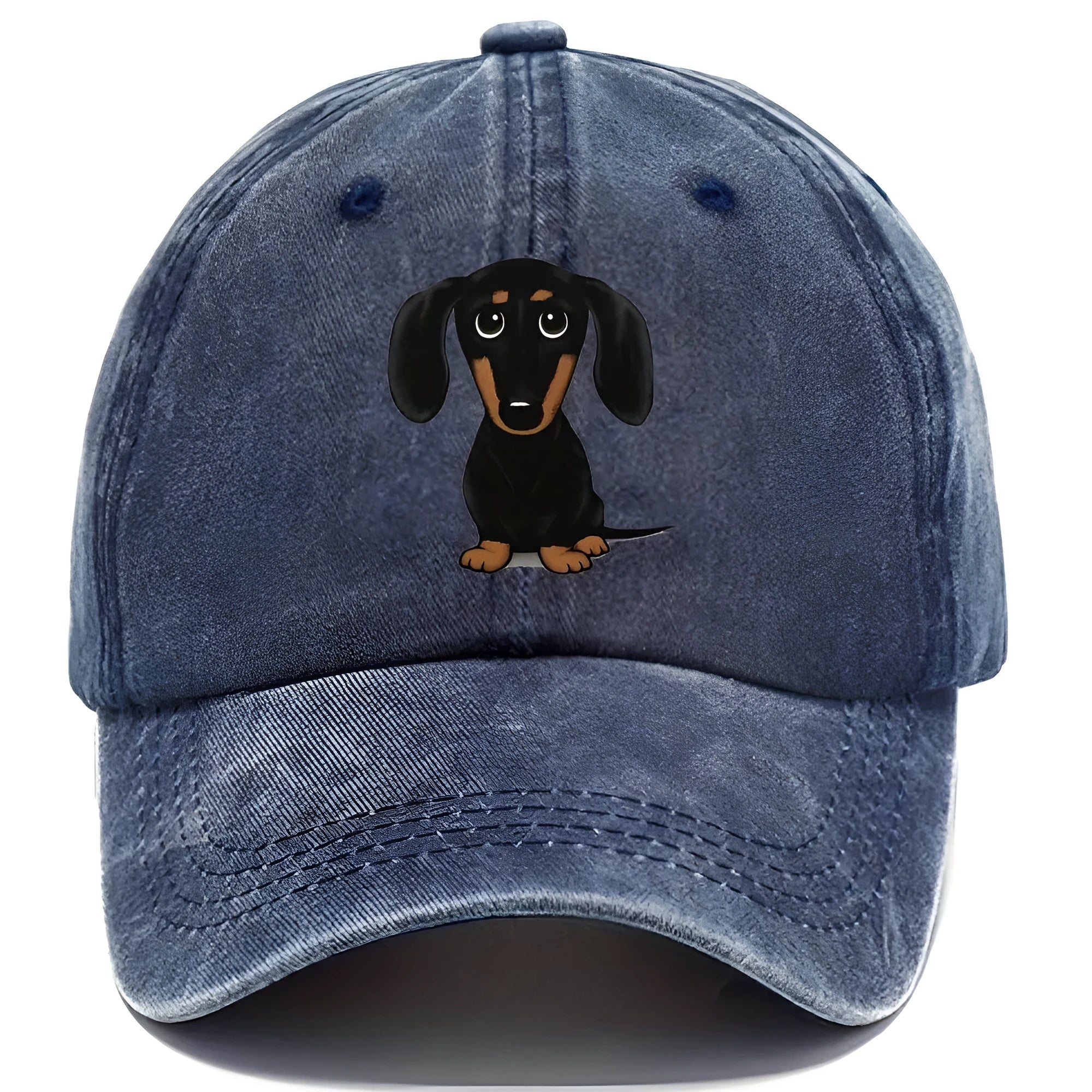 Retro washed blue cotton baseball cap with a machine-embroidered brown Dachshund dog graphic on the front.