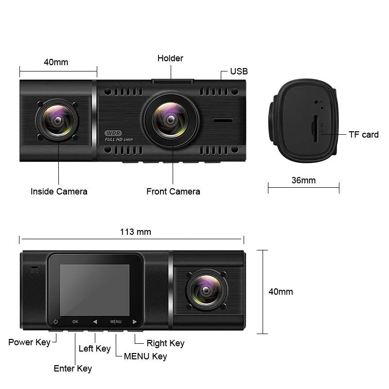 Black dual-lens car dash camera for front and rear recording with parking surveillance mode