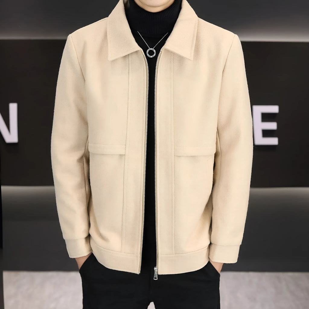 Men's polo collar casual jacket in cotton blend fabric, khaki colour, regular sleeve length
