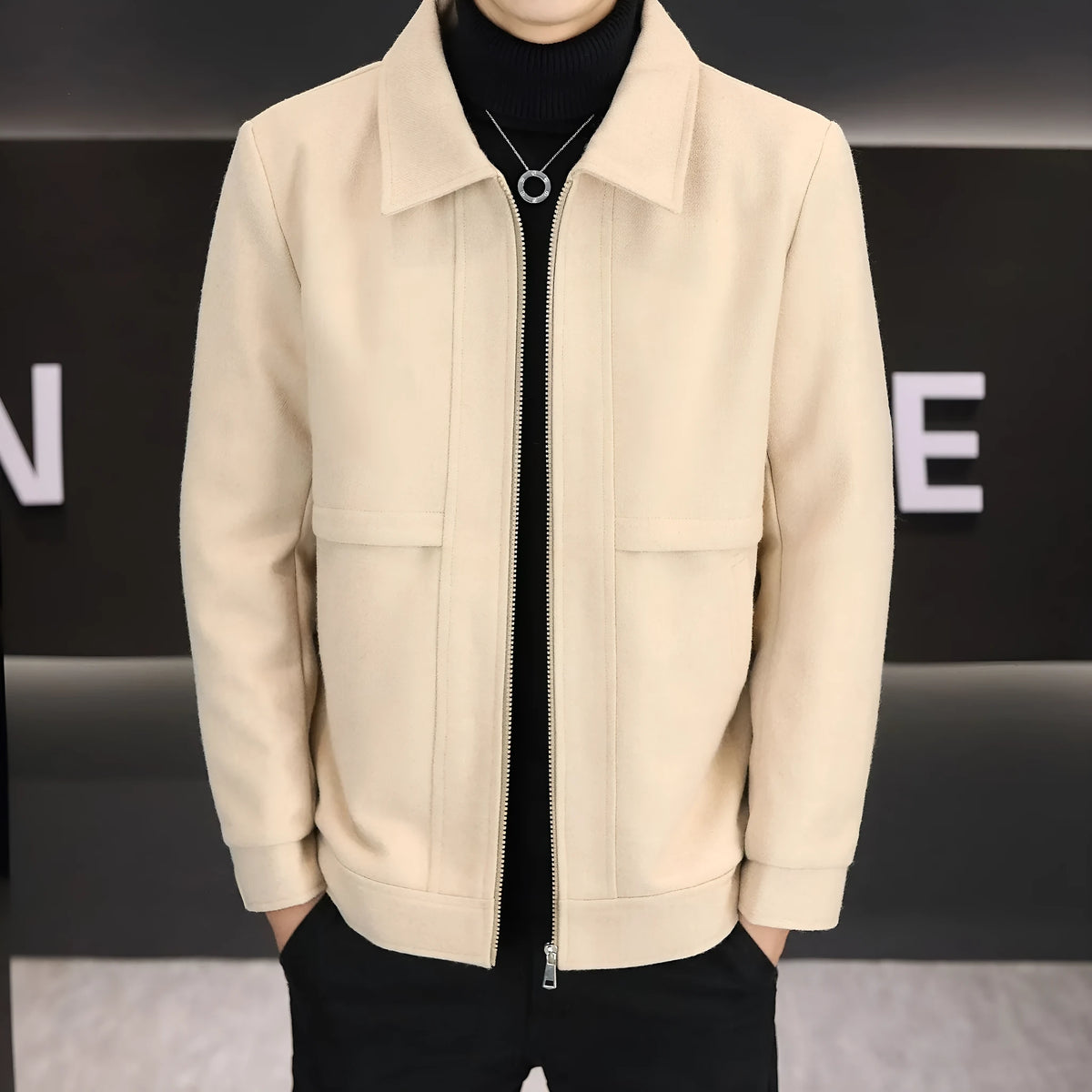 Men's polo collar casual jacket in cotton blend fabric, khaki colour, regular sleeve length