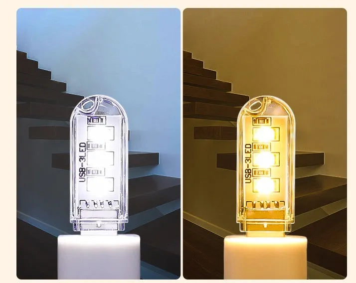Small round USB-powered LED baby night light showing white or warm light options