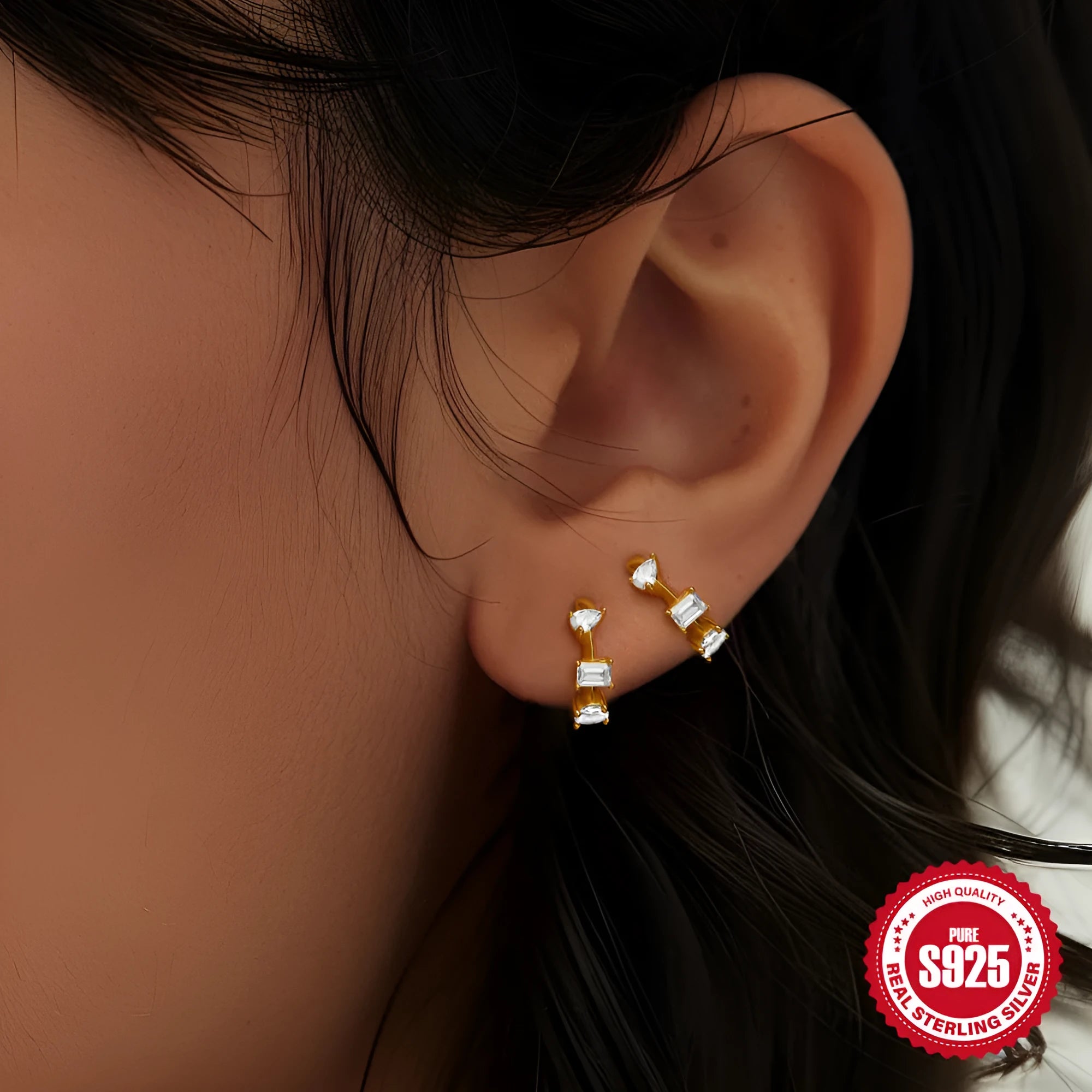 Sterling silver geometric stud earrings with small round design in gold or silver electroplated finish