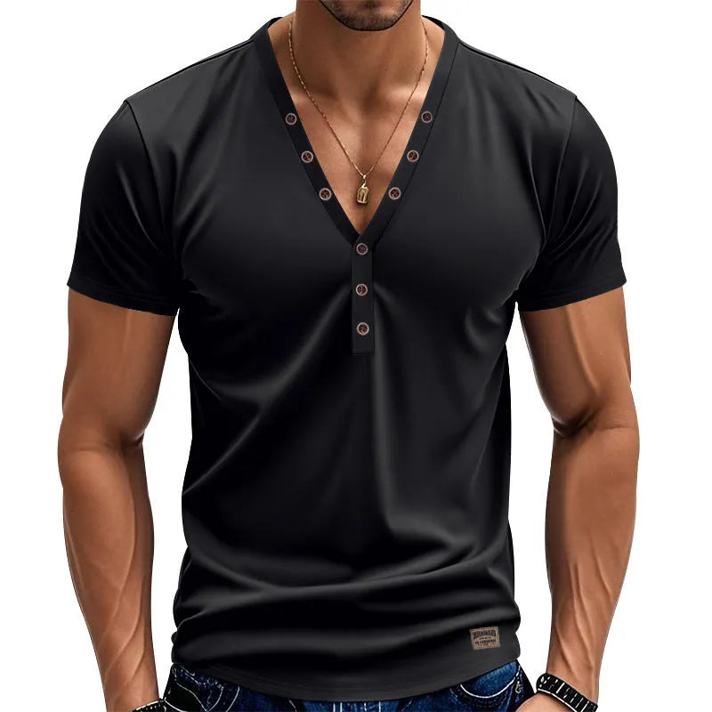 Men's loose V-neck sports top with button detail in chemical fibre blend fabric
