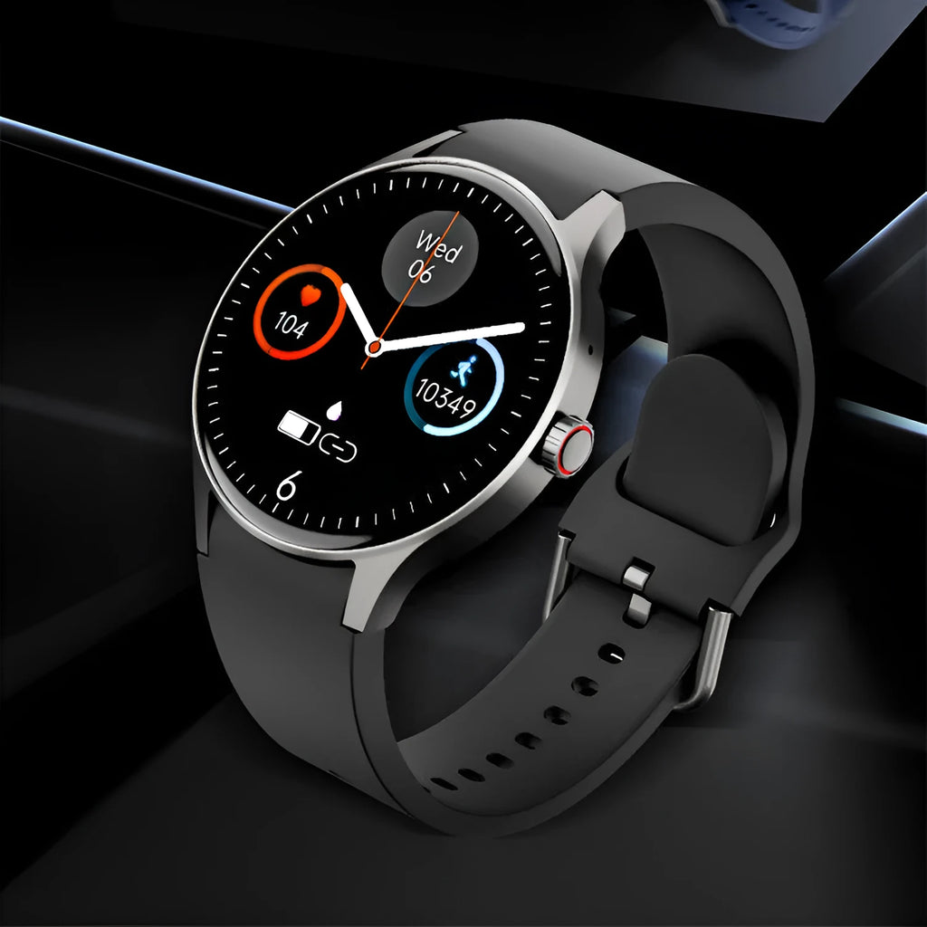 46mm diameter Bluetooth sport watch with circular touchscreen display in black, blue, pink, or red