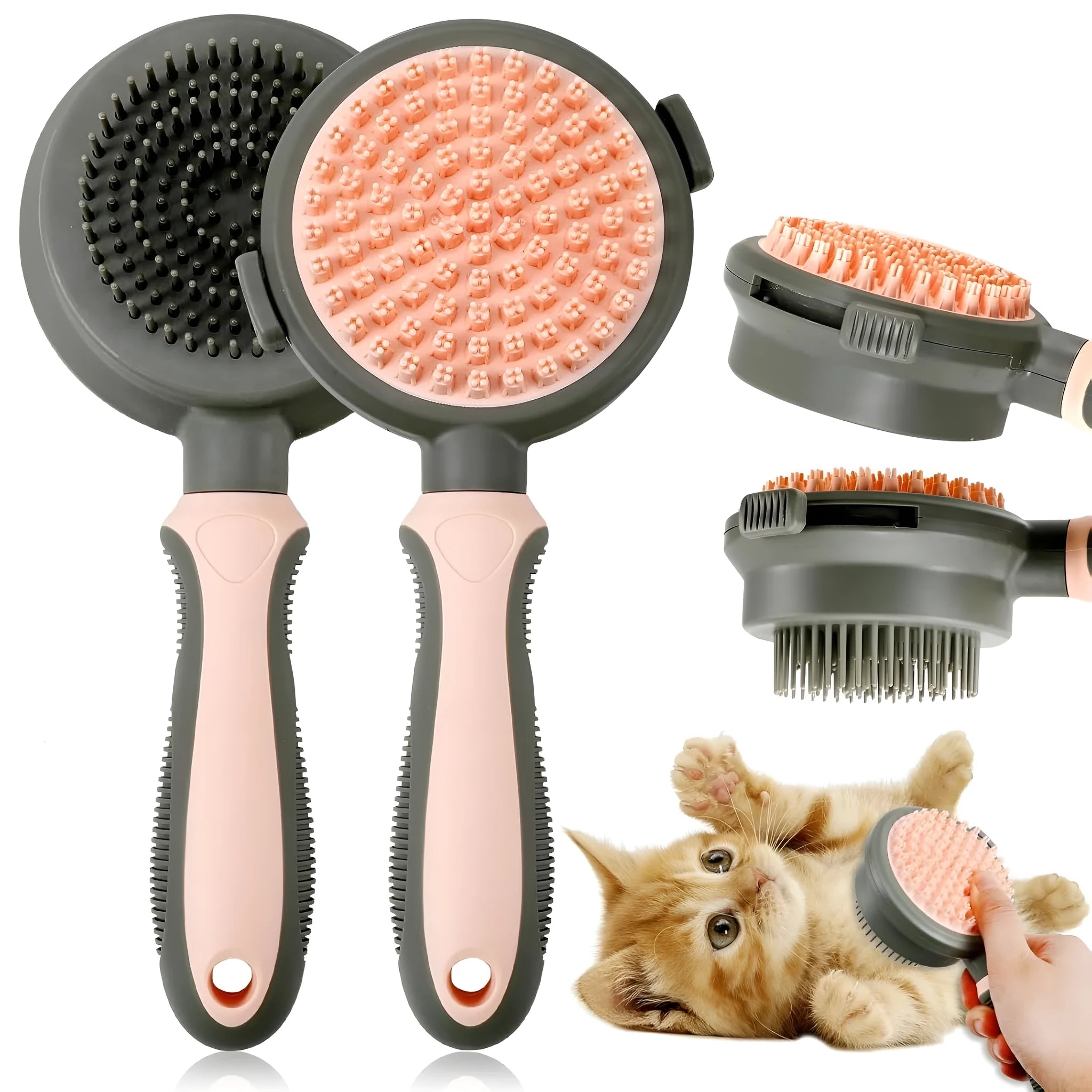 Double-sided cat grooming brush with slicker brush and flea comb in green and pink colours