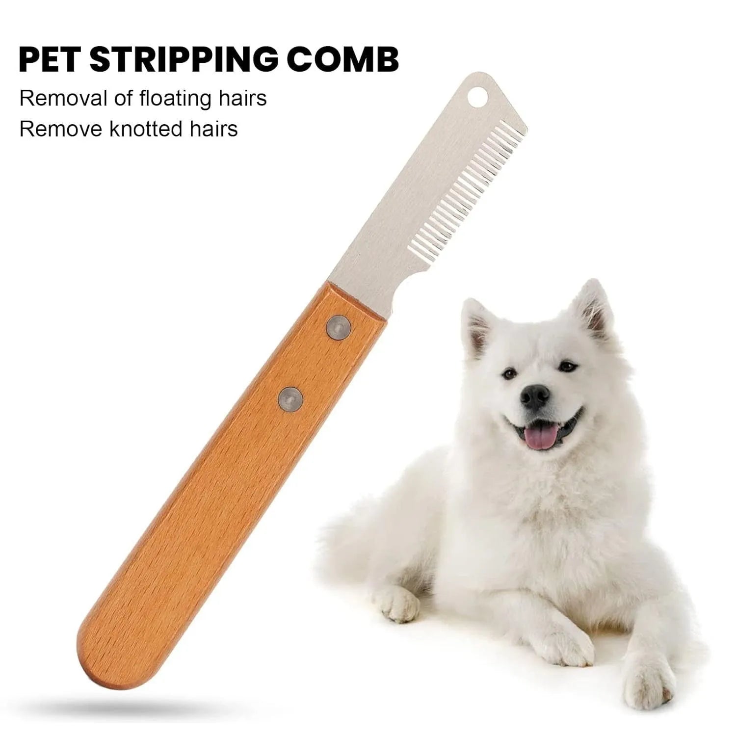 Pet stripping comb with wood handle and metal fittings for dog and cat grooming, available in long or short size