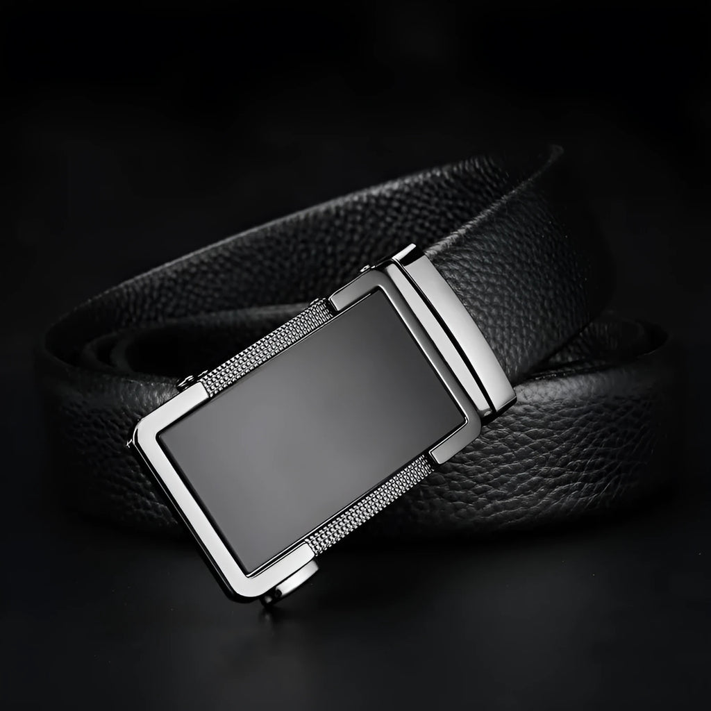 Men's automatic buckle leather belt showing comfort click fastening mechanism and electroplated surface