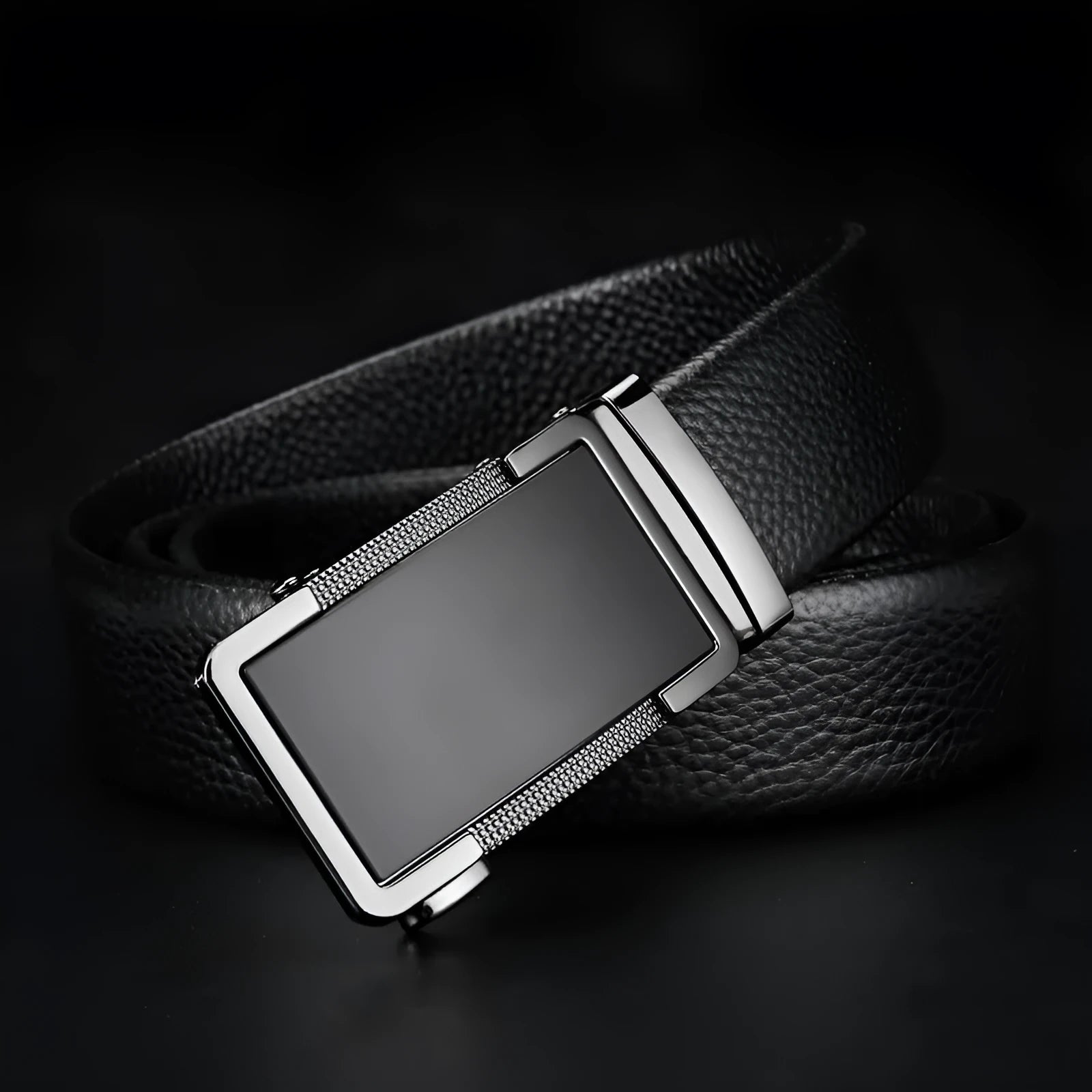 Men's automatic buckle leather belt showing comfort click fastening mechanism and electroplated surface