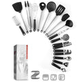 Black silicone kitchen utensil set with stainless steel handles comprising 16 pieces for cooking and baking