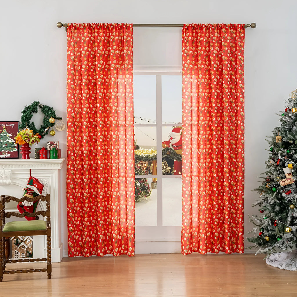 Green Christmas curtain with printed cartoon snowman and angel figures
